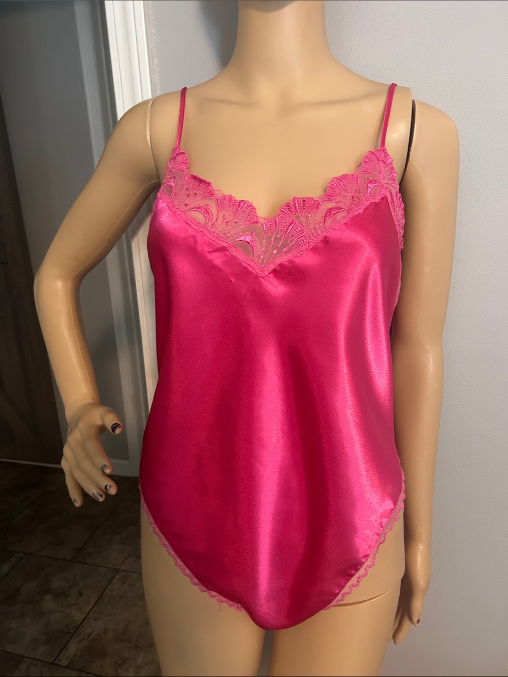Victoria's Secret Vintage Gold Label Hot Pink Satin Lace Cami Bodysuit / Cami